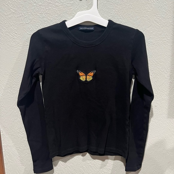 Brandy Melville Tops - Brandy Melville Black Long Sleeve Top Embroidered Butterfly 100% Cotton OS